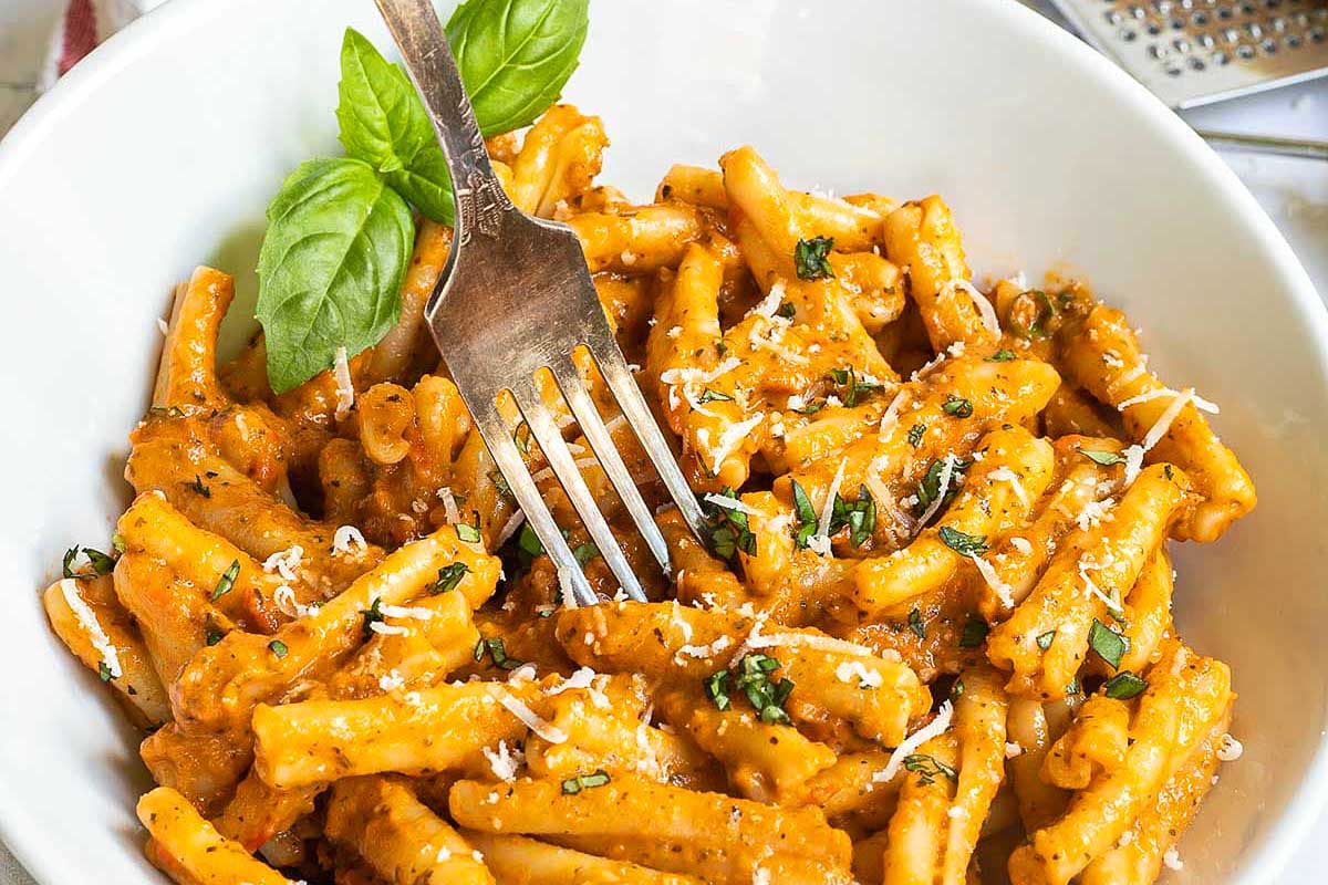 Casarecce Pasta in Peperonata Sauce. 