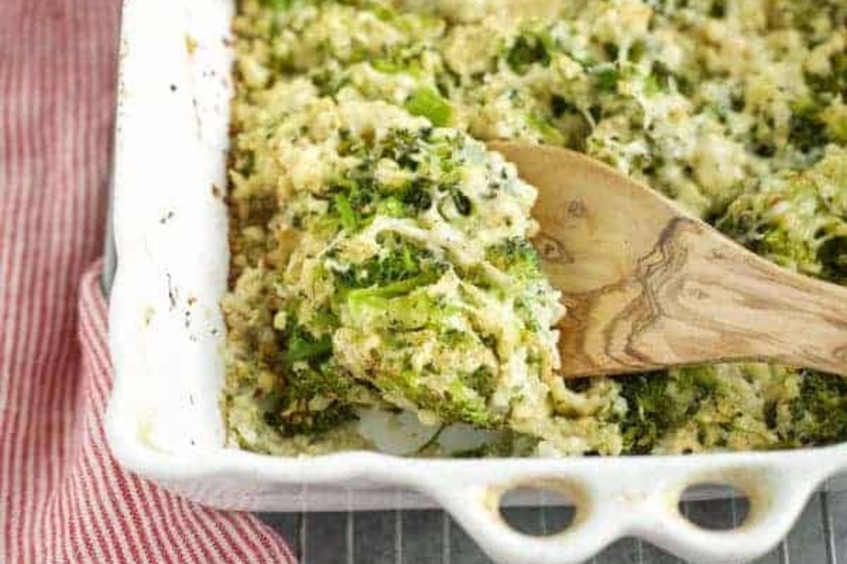 Cauliflower casserole in a white casserole dish.