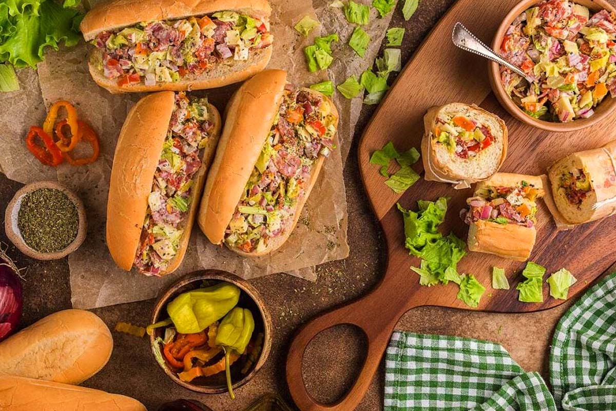 Overhead view of homemade chopped sandwiches. 