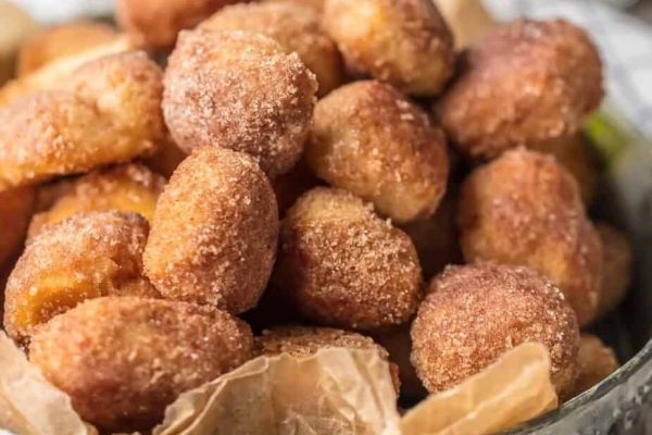 Cinnamon sugar biscuit bites in a bowl.