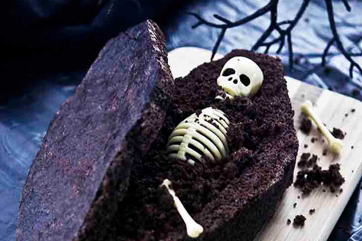 Coffin Bread shaped like a coffin with bones inside.