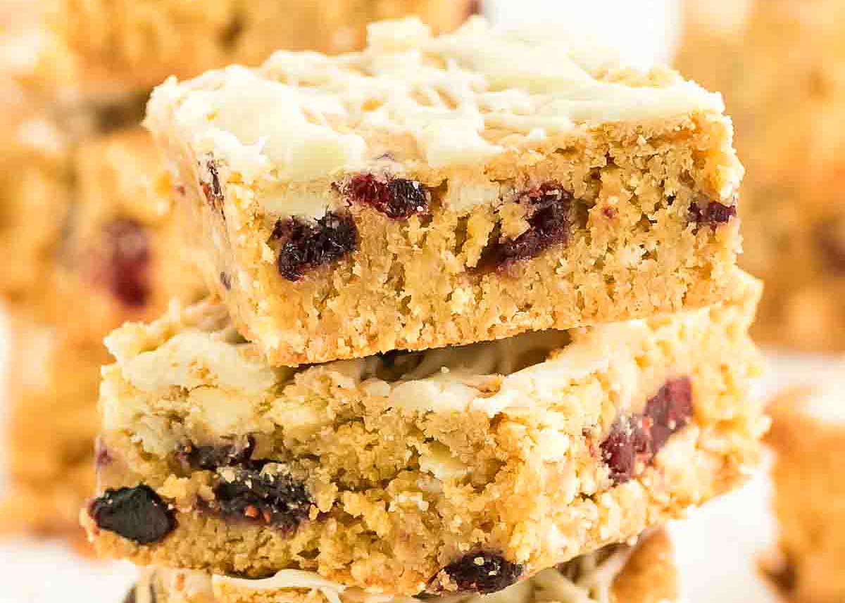 White chocolate blondies with cranberries.