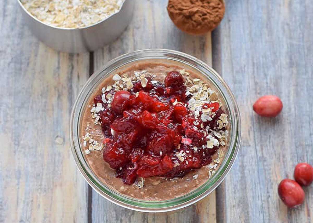 Cranberry topped chocolate overnight oats.