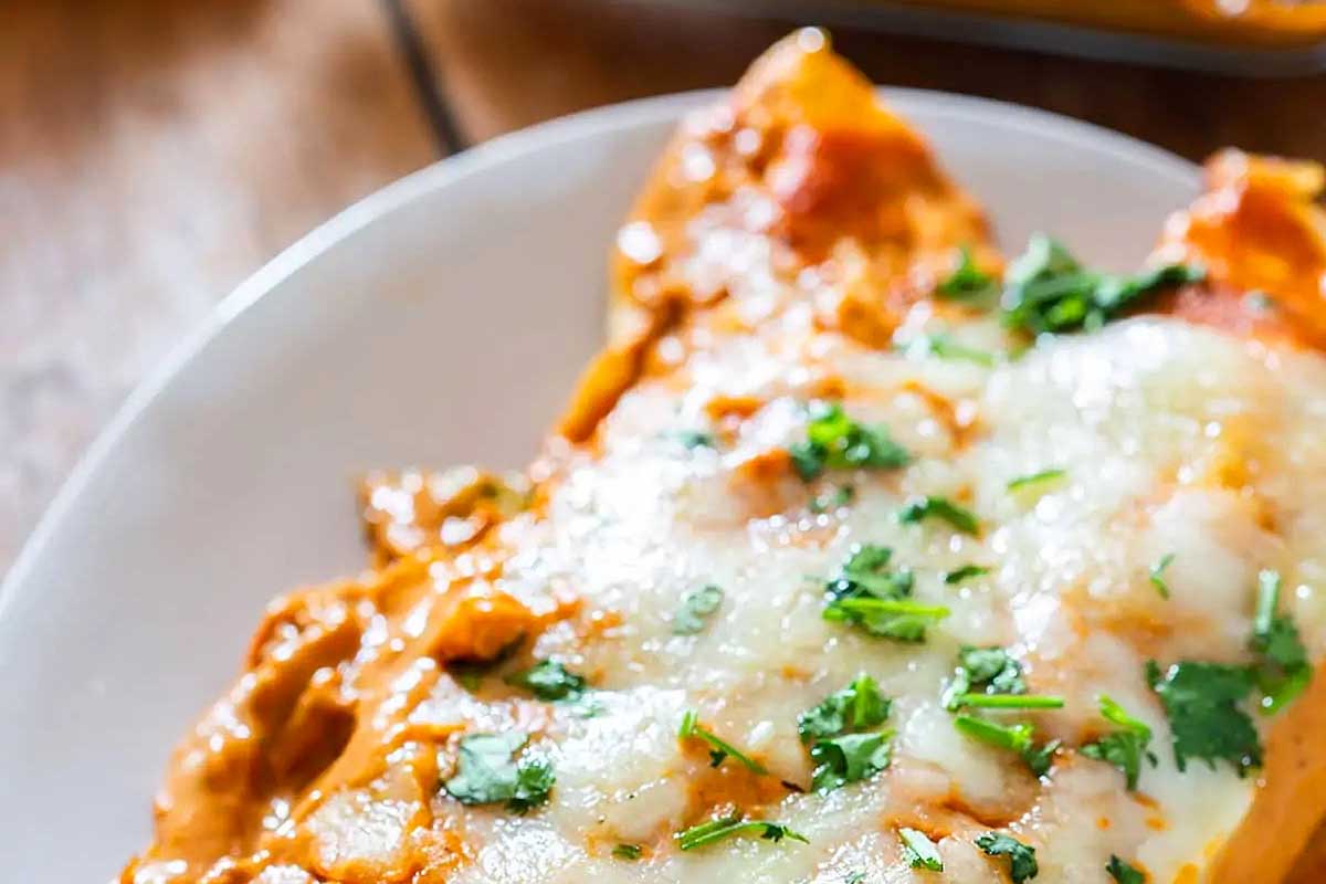 Chipotle enchiladas with chicken and vegetables.