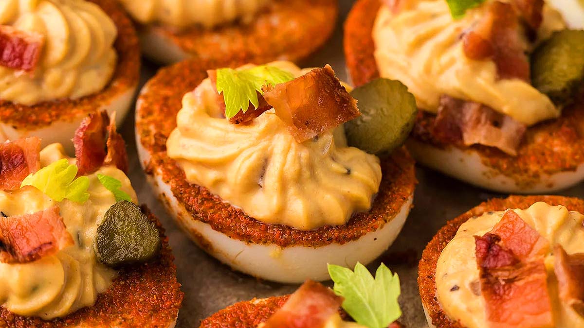 Bloody Mary Deviled Eggs appetizer recipe.