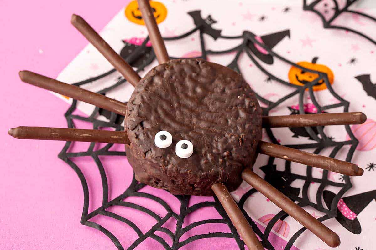Spider Cakes made with ding dongs on a chocolate spider web.