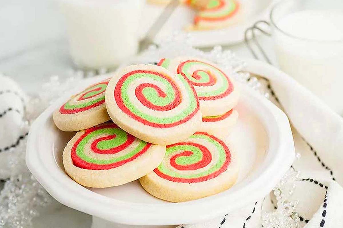 Christmas cookies with red and green swirls.