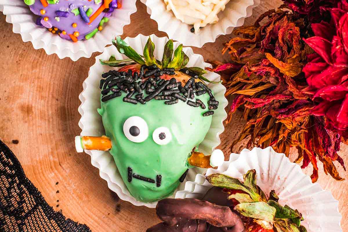 Chocolate Covered Strawberries decorated like monsters.