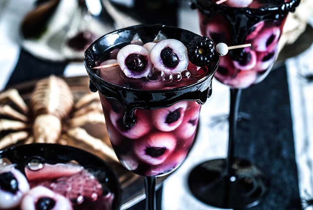 A Halloween party cocktail made with lychee eyeballs.