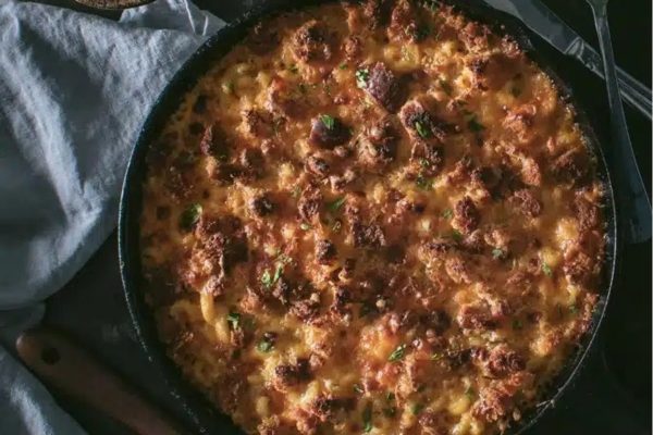 Mac & cheese in a cast iron skillet. 