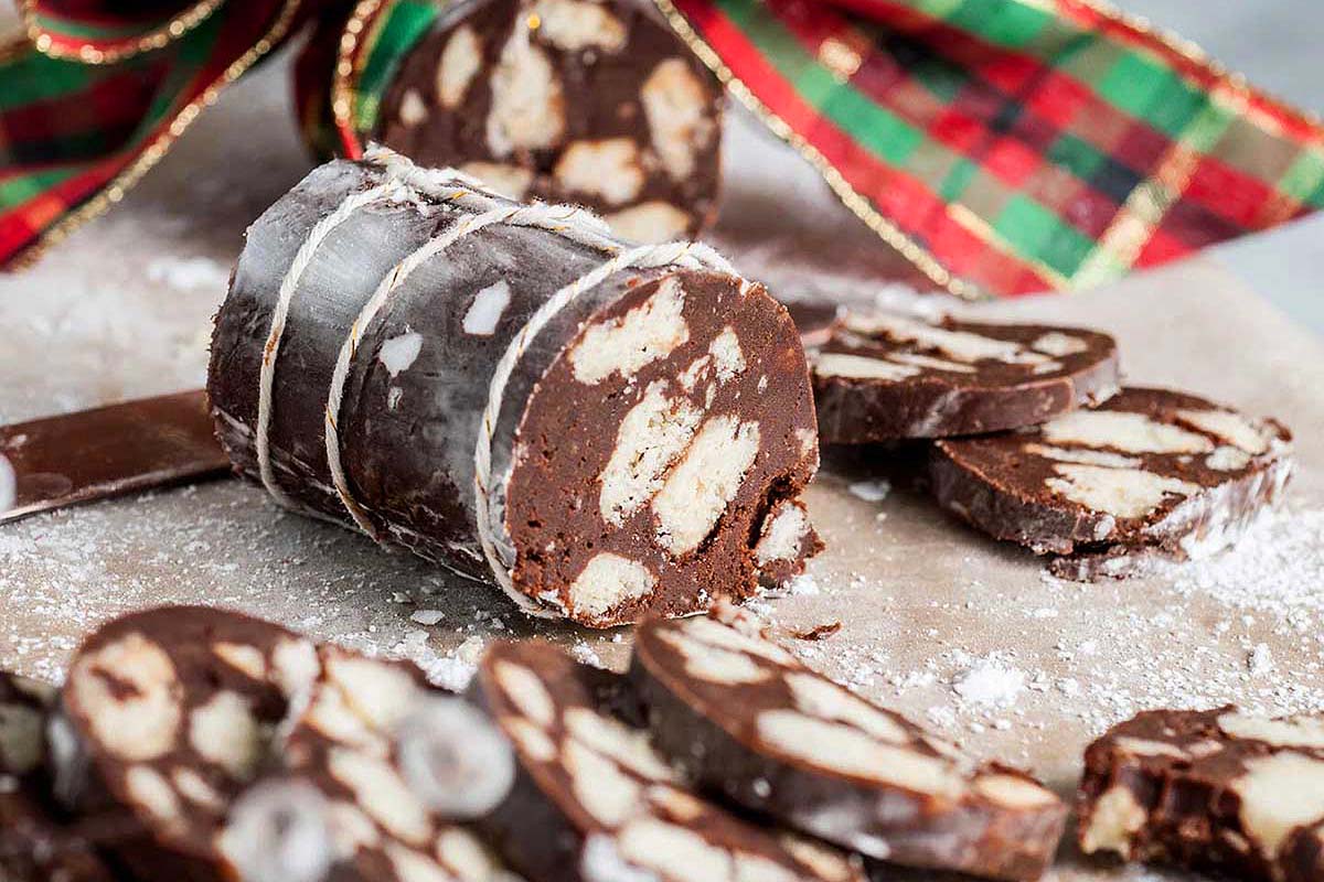 A roll of sweet chocolate salami made to resemble meat salami.
