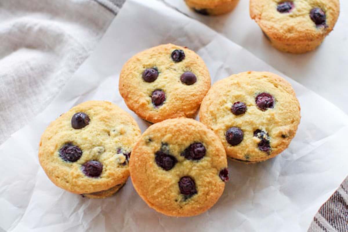 Blueberry muffins served with milk.