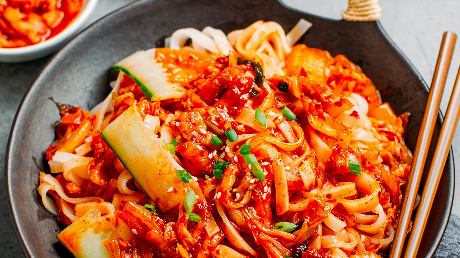 Kimchi noodles in a bowl.
