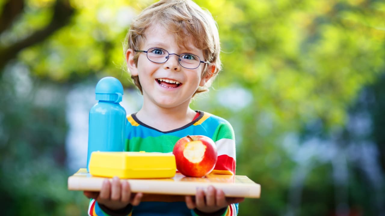 Happy little boy with books, apple and drink bottle on his first day to school