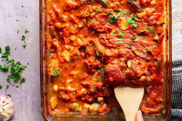 Vegetable casserole in a baking pan.
