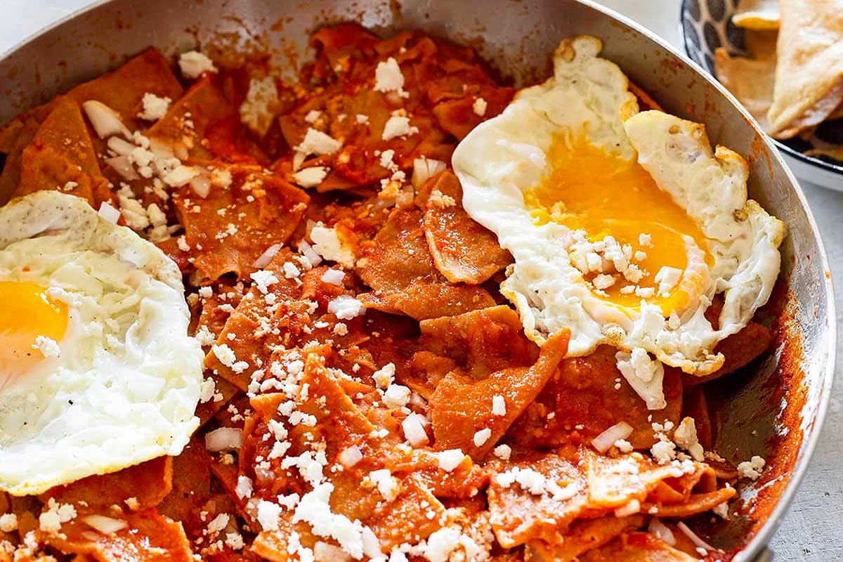 Mexican chilaquiles with fried eggs.