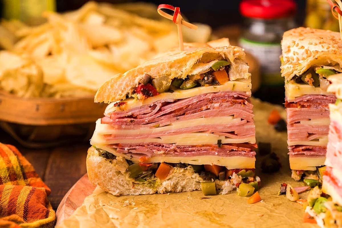 A piece of a muffaletta sandwich.