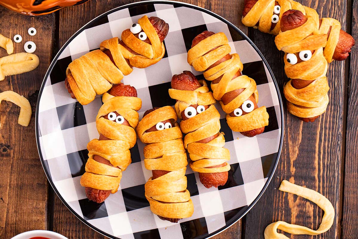 Mummy hot dogs made with Pillsbury dough.