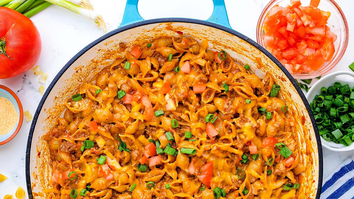 A dutch oven with a macaroni dish. This is one of the best cheesy recipes.