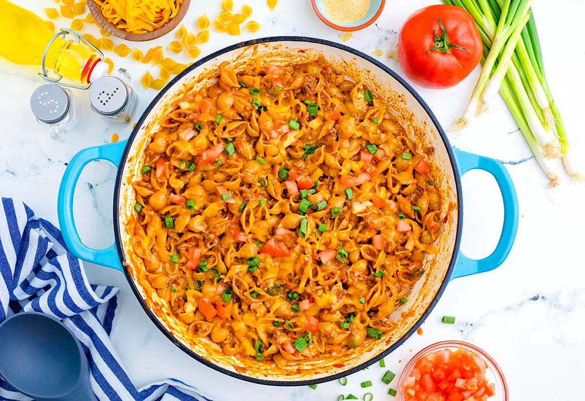 Taco macaroni and cheese in a dutch oven.
