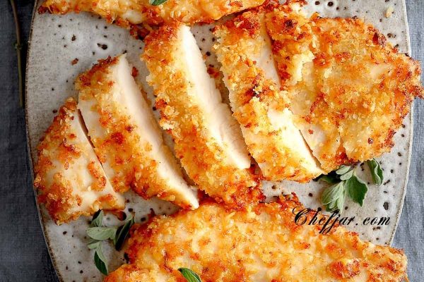 Air fryer parmesan chicken sliced.