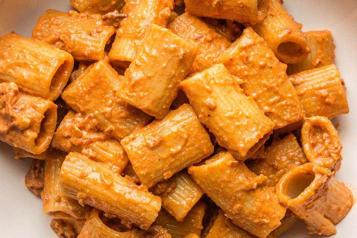 Close up of pasta dish.