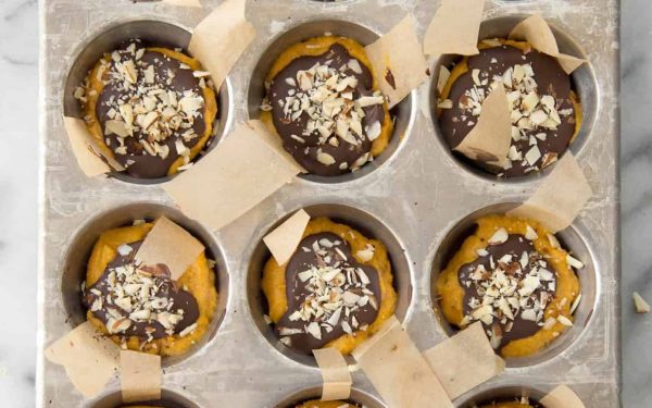 Pumpkin Chocolate Dessert Cups on baking tray