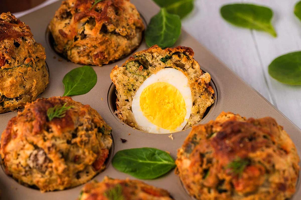 Muffins with an egg baked inside.