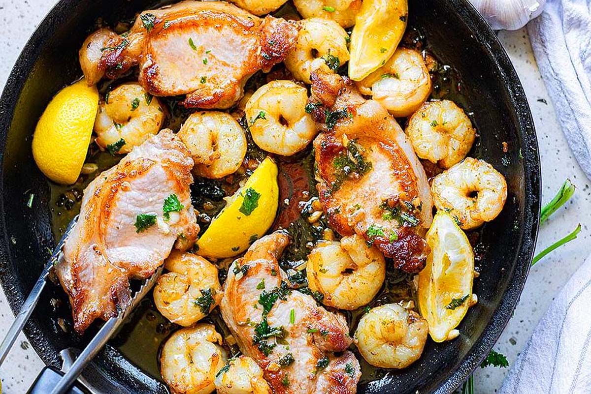 Pork chops with shrimp.