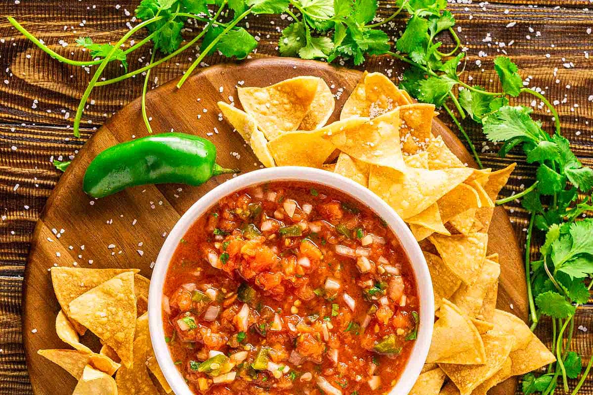 A bowl of homemade smoked salsa.