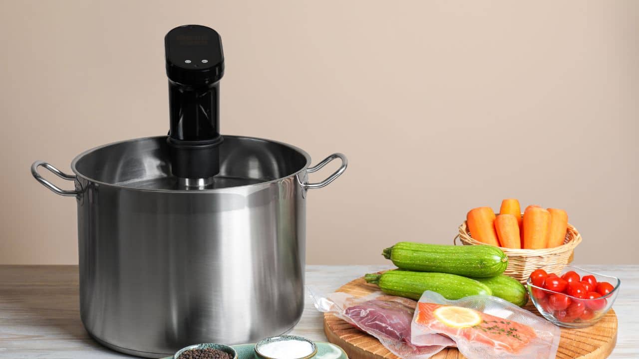 Sous vide cooker next to vegetables and meats.