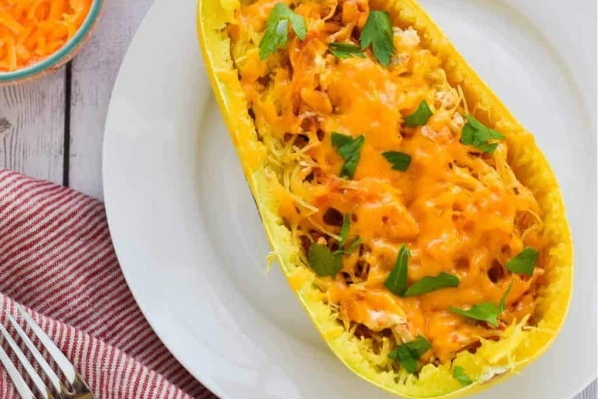 Spaghetti squash filled with chicken and cheese.