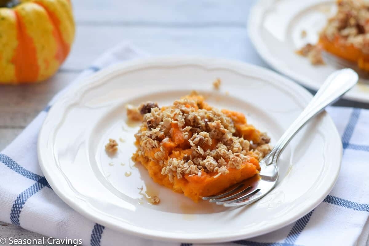 Sweet potato casserole on a white plate.
