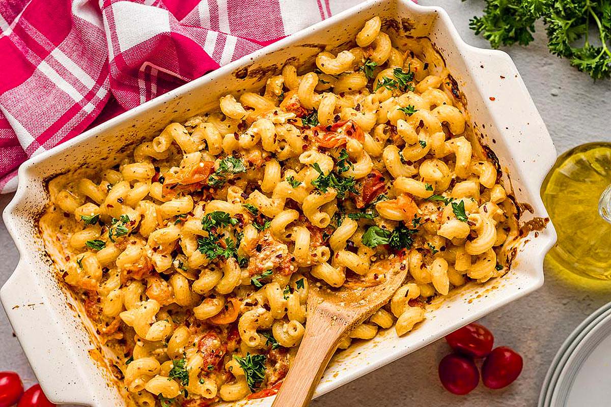 Overhead view of a pasta dish in a casserole.