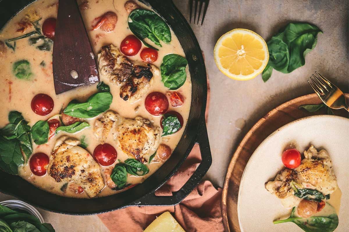 Creamy One-Pan Tomato Spinach Chicken. 