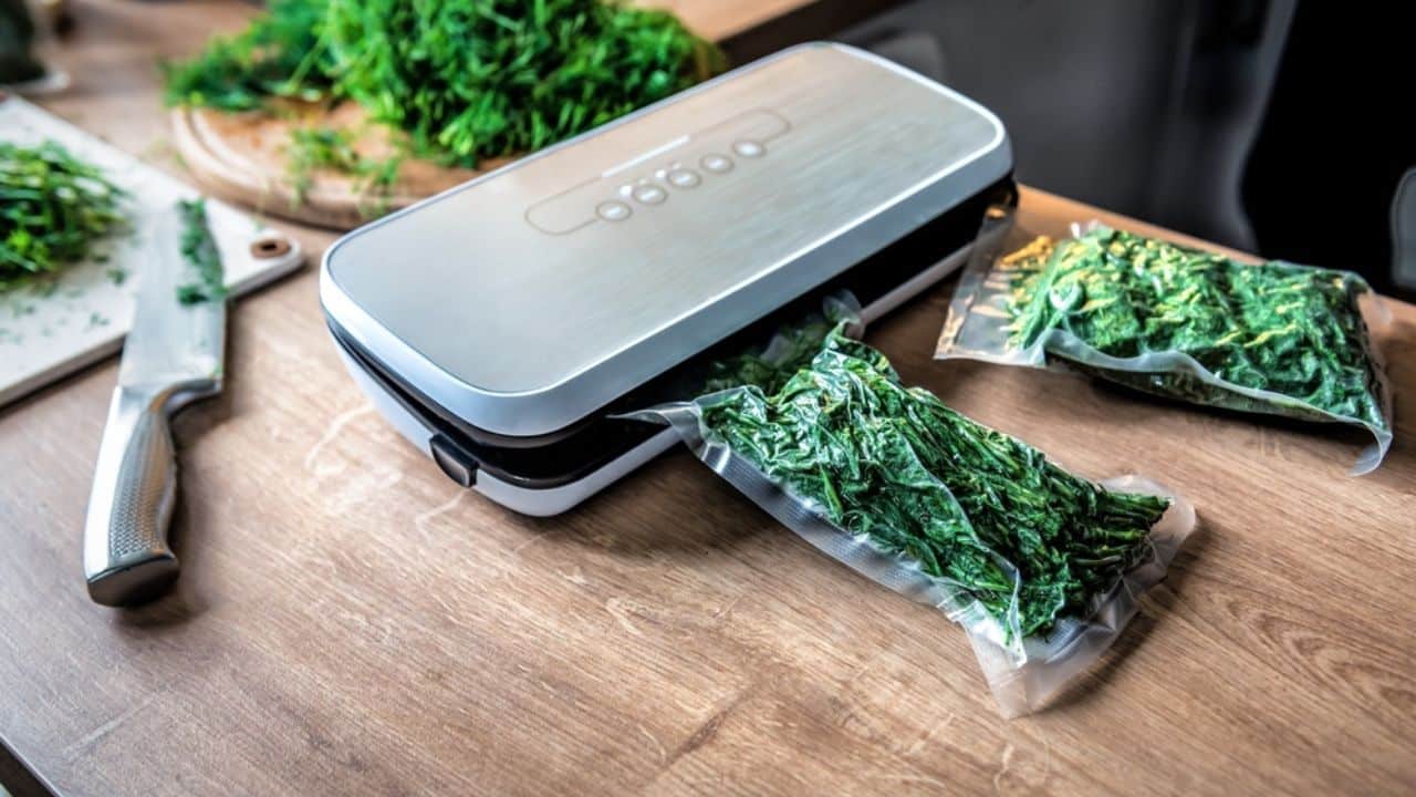 Vaccum sealer machine packaging greens and herbs. 