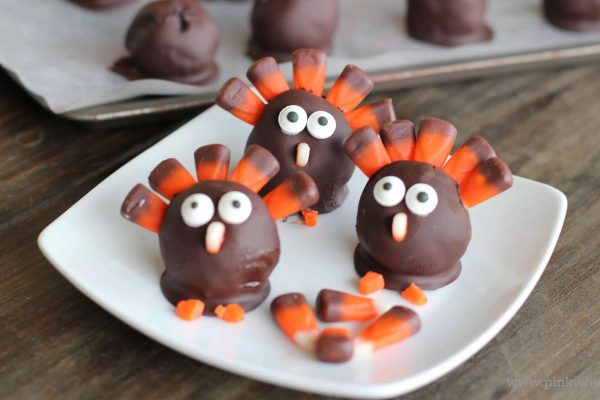 Chocolate thanksgiving turkeys on a plate.