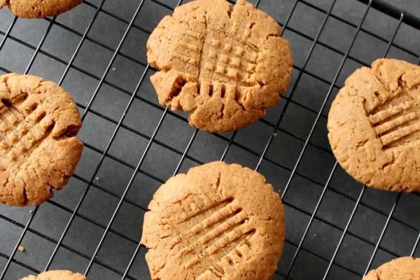 Peanut butter cookies on a tray.