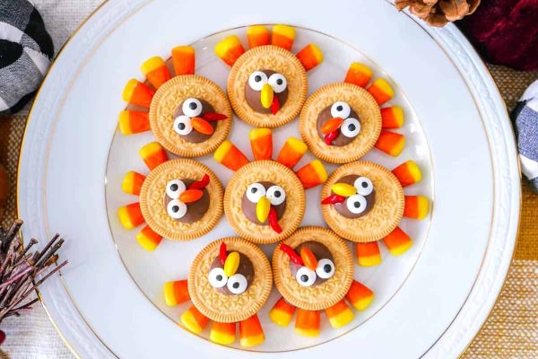 Thanksgiving turkey cookies on a plate.