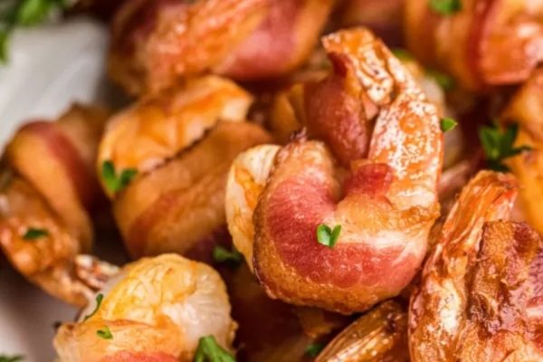 Bacon wrapped shrimp on a plate.