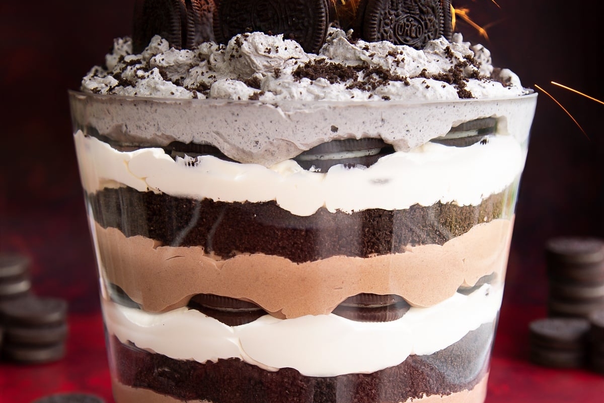 Christmas trifle in a glass with sparklers.