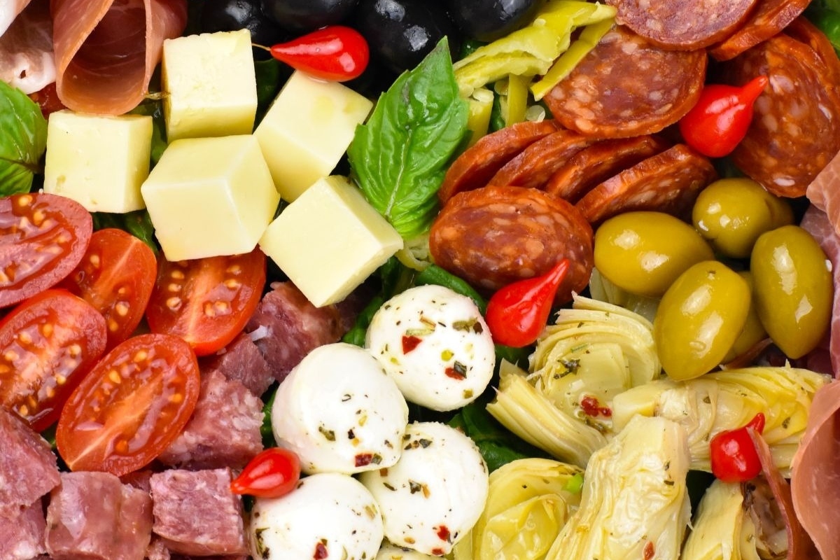 An Italian antipasto platter featuring a variety of meats, cheeses, and olives.