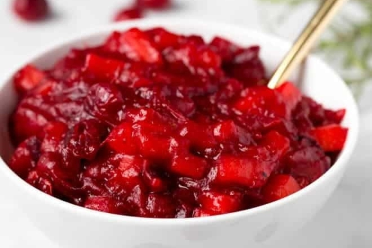         Cranberry sauce recipe displayed in a white bowl.