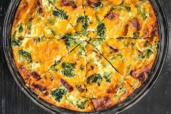         Quiche recipes featuring bacon and broccoli prepared in a baking dish.