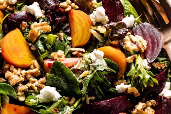 A salad with beets, walnuts and feta.