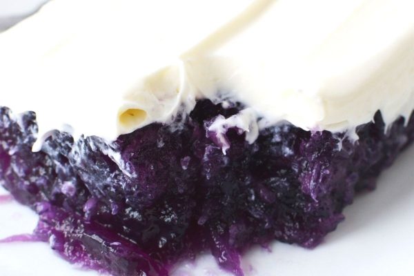 A piece of blueberry cake on a white plate.
