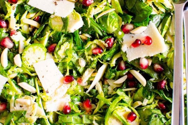 Brussels sprout salad with pomegranate and parmesan.