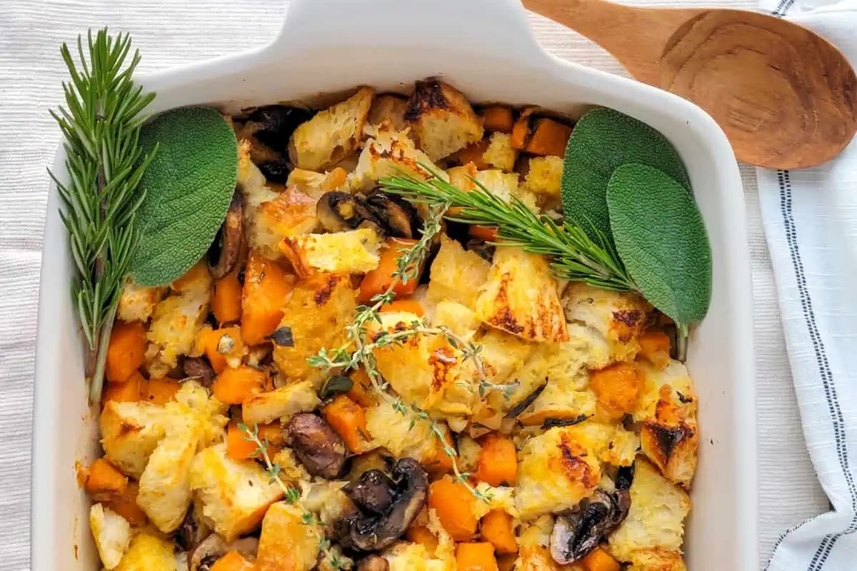 A delicious stuffing recipe featuring roasted vegetables and sprigs of sage.