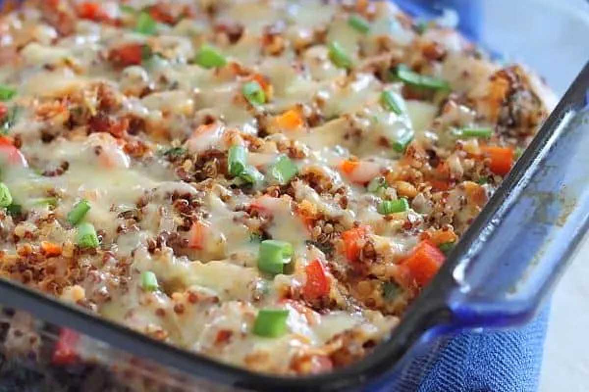 A casserole dish filled with meat and vegetables.