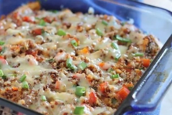 A casserole dish filled with meat and vegetables.